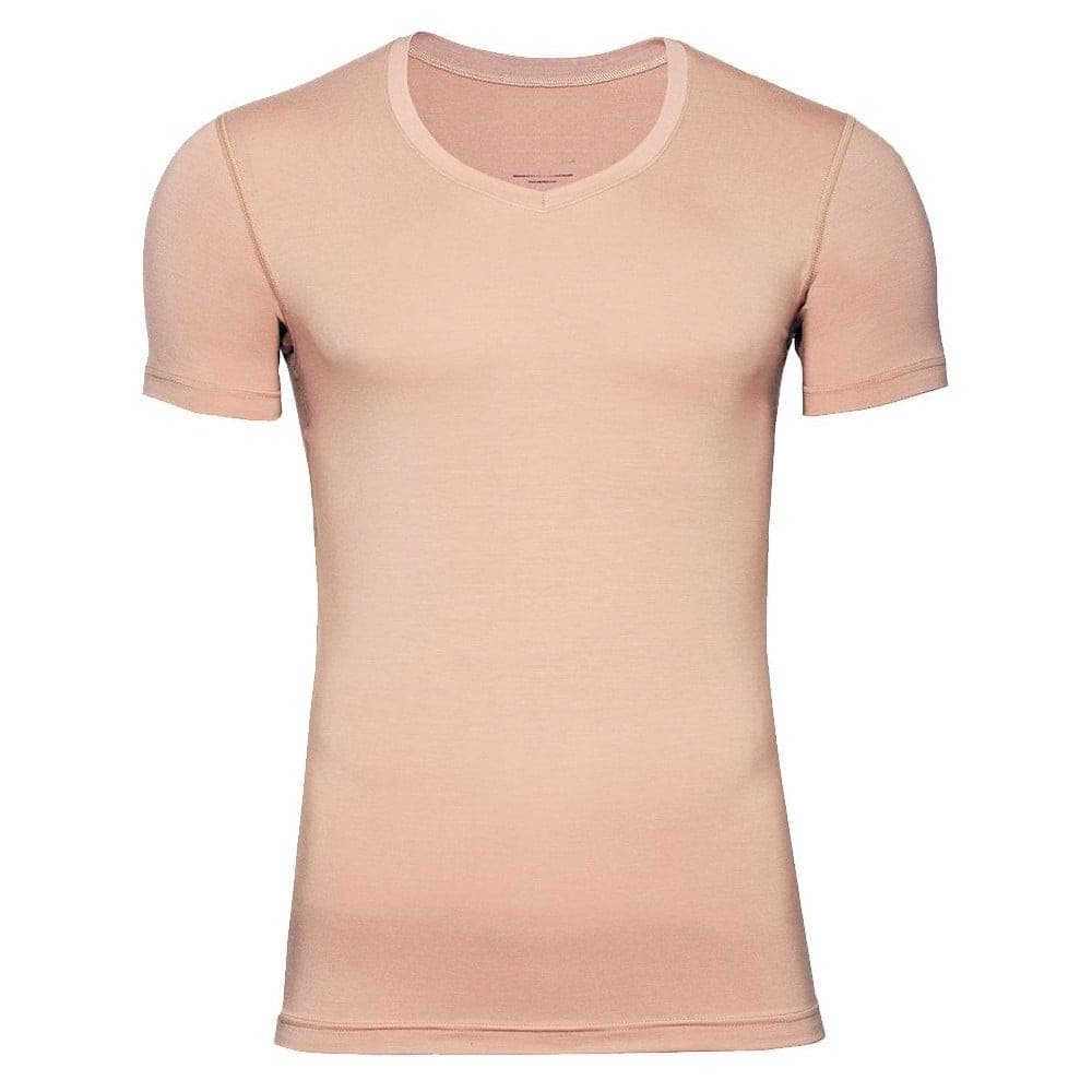 Skin-tone V-neck undershirt with short sleeves, front view